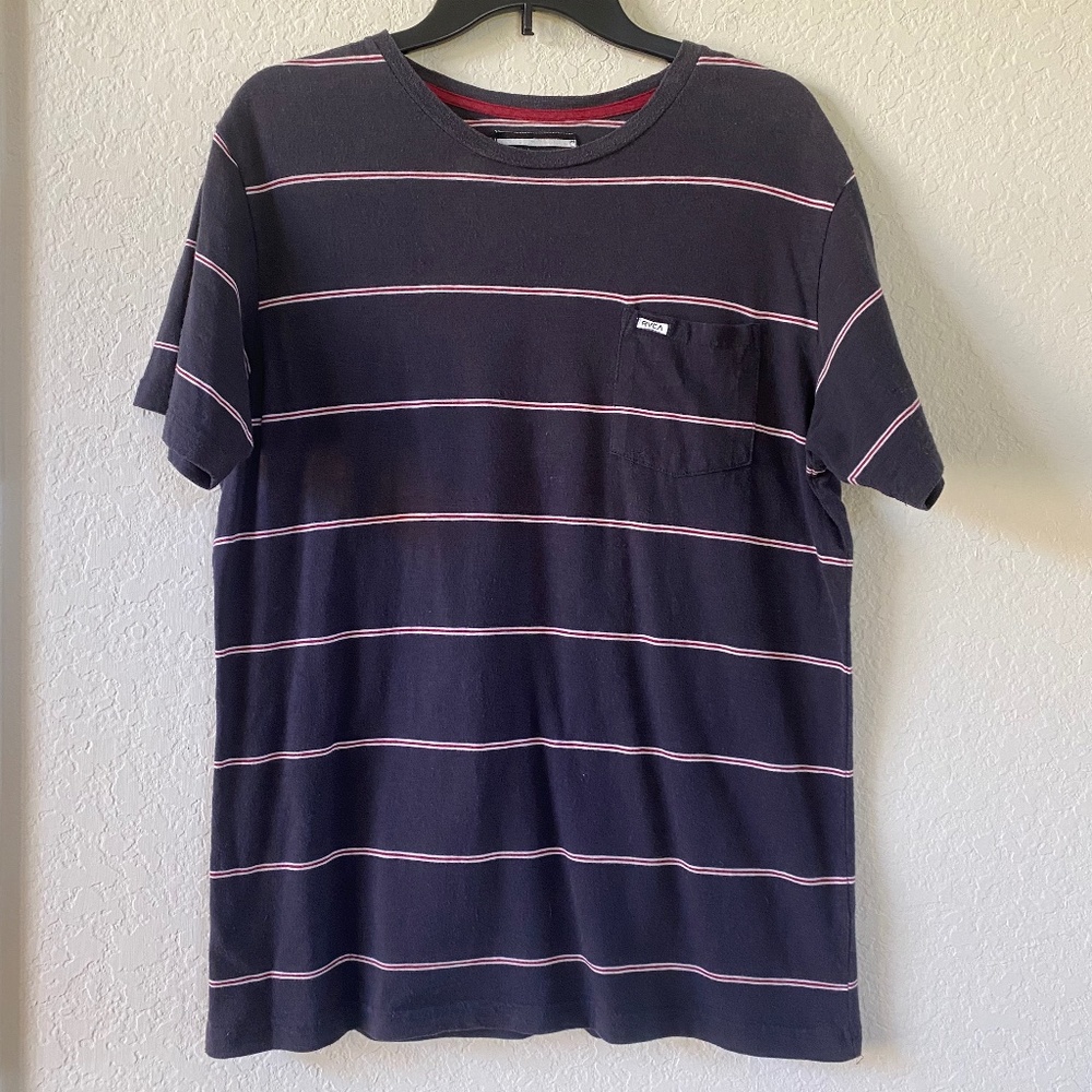 RVCA Midnight Navy Red White Striped Tee Surf Skate L Large